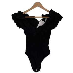 New Zara Womens Black Ruffle Trim One-Piece Bodysuit Size Large Feminine Deep V